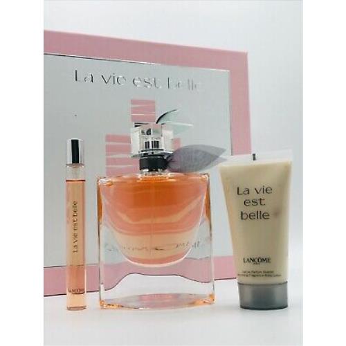 Lancome La Vie Est Belle 3pc Women Parfum Spray 2.5 oz Travel Spray Body Lotion