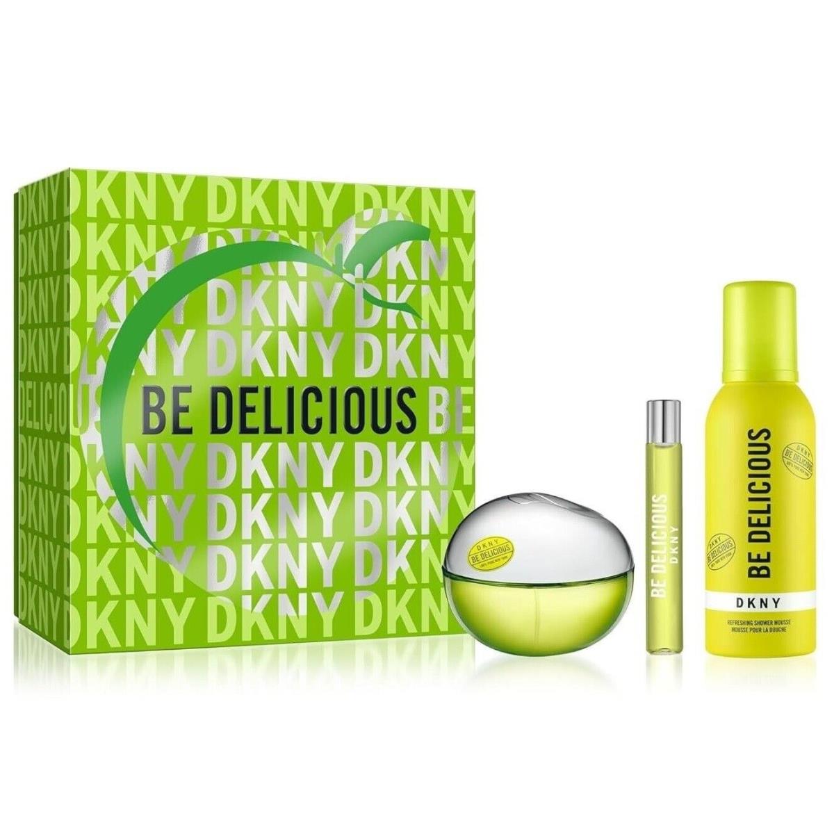 Dkny BE Delicious For Women 3pc Gift Set 3.4 oz Edp Spray + Mini + Shower Mousse