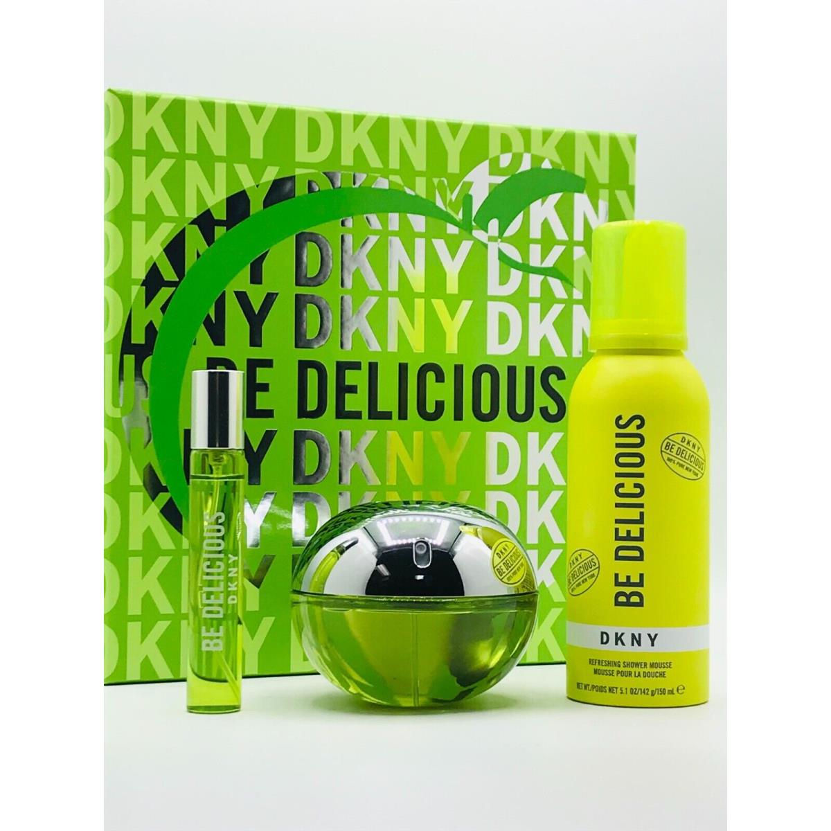 Dkny Be Delicious Women 3pc Parfum Spray 3.4 oz Shower Mousse Travel Spray 15 ml