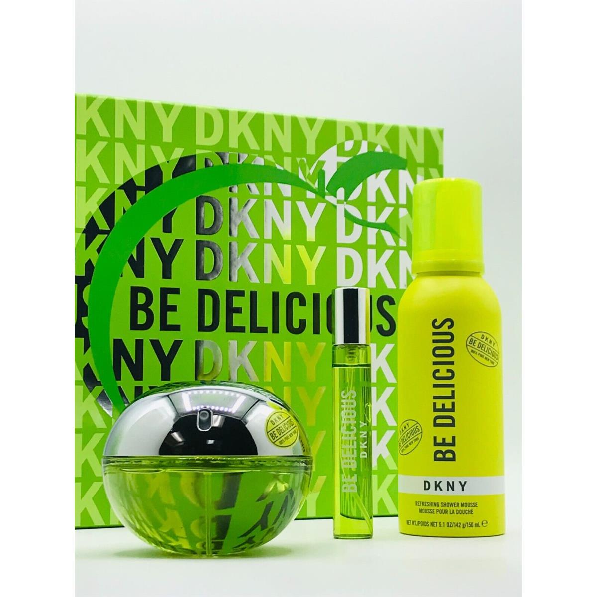 Dkny Be Delicious Women 3pc Parfum Spray 3.4 oz Shower Mousse Travel Spray 15 ml