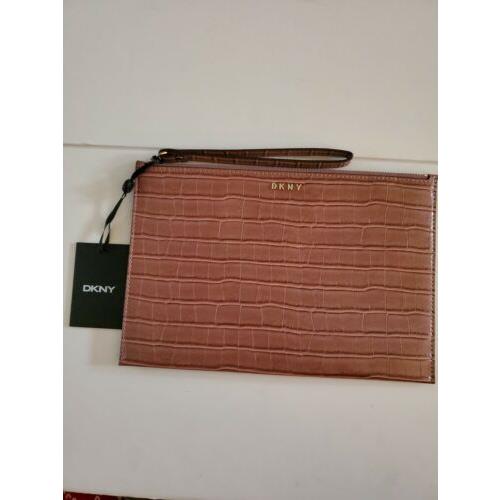 Dkny Pink Leather Croc Embossed Top Zip Wristlet