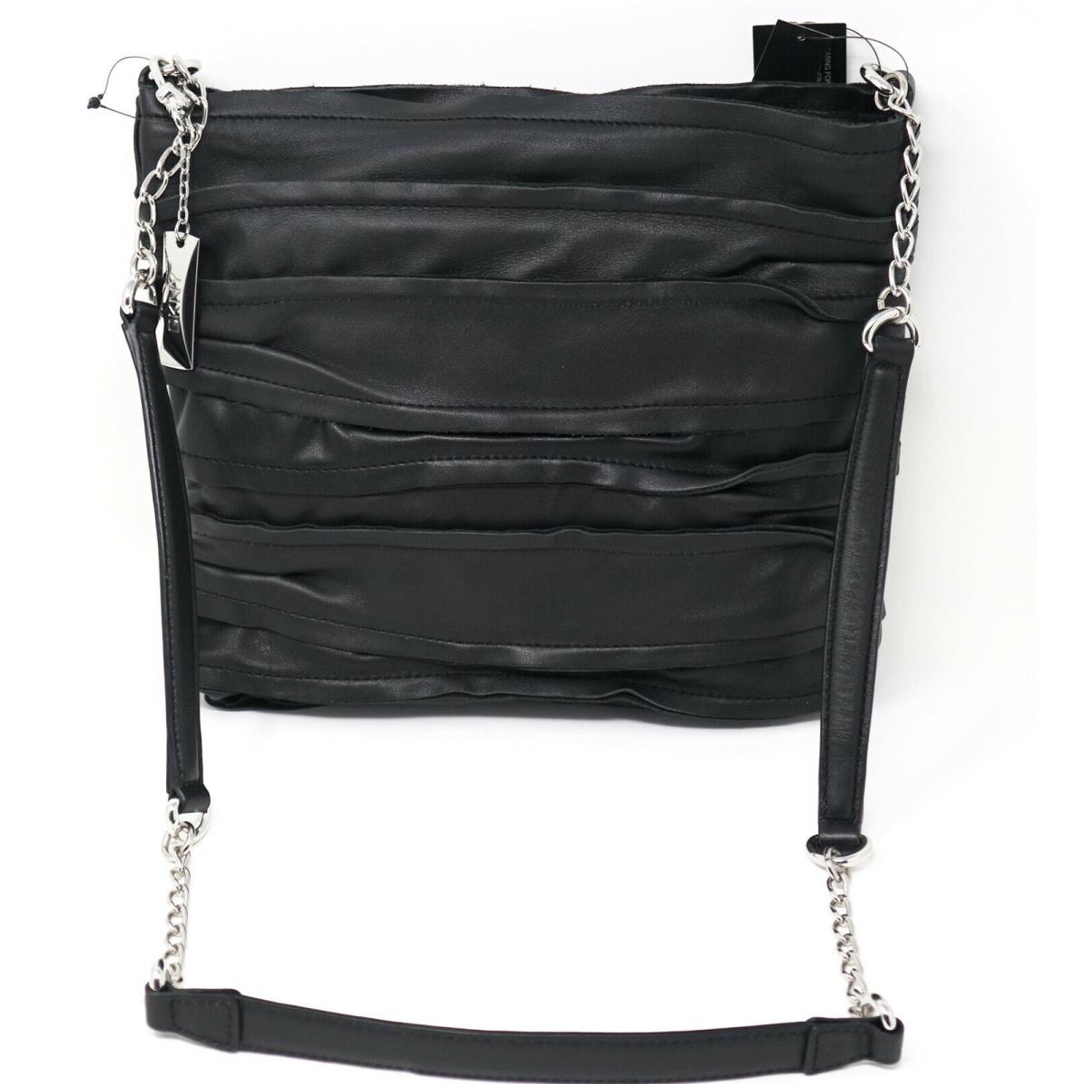 Dkny Black Leather Ruched Detail Chain Strap Crossbody Handbag Purse