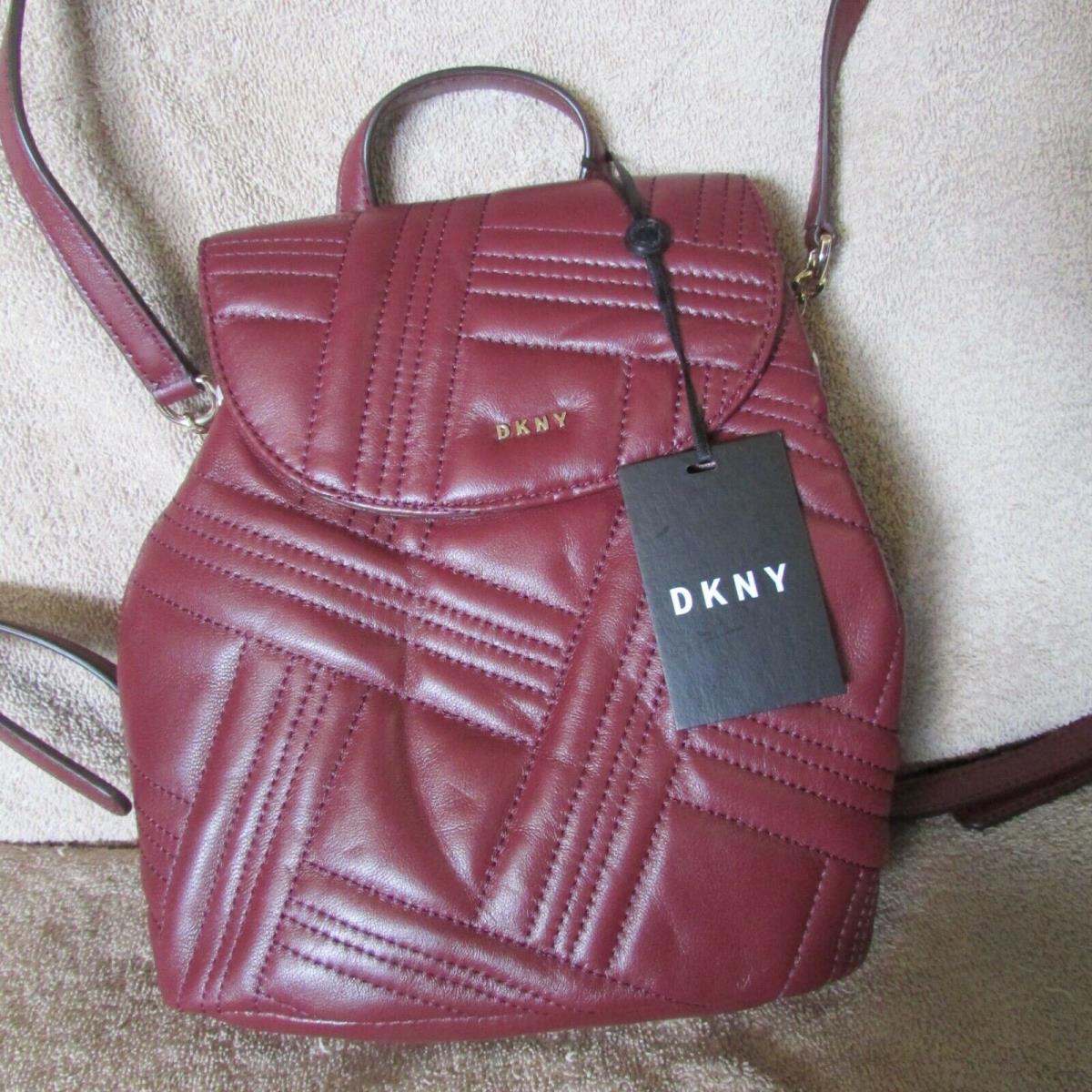 Dkny Allen Small Flip Backpack - Leather Textured Pattern- Maroon B 15
