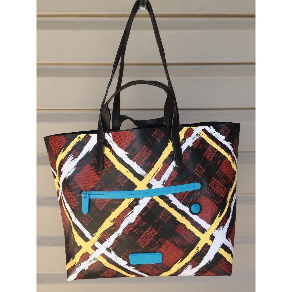 Marc Jacobs Ruby Red Tote Shopper East West Leather Handbag Multi Plaid