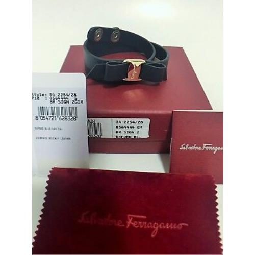 Salvatore Ferragamo Gold Vara Bow Navy Blue Double Wrap Leather Bracelet Box