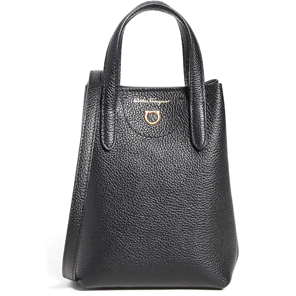 Salvatore Ferragamo Gancini Mini Black Pebbled Leather Tote