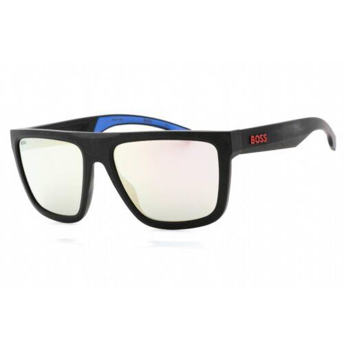 Hugo Boss Men`s Sunglasses Matte Black Blue Plastic Frame Boss 1451/S 00VK DC - Frame: Matte Black Blue, Lens: Extra White Mirrored