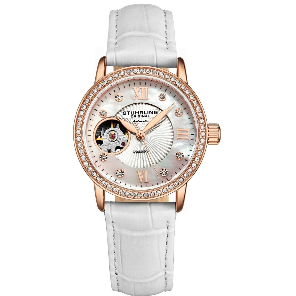 Stuhrling Ladies Automatic Rose/gold Crystal Studded Bezel Mother of Pearl Dial