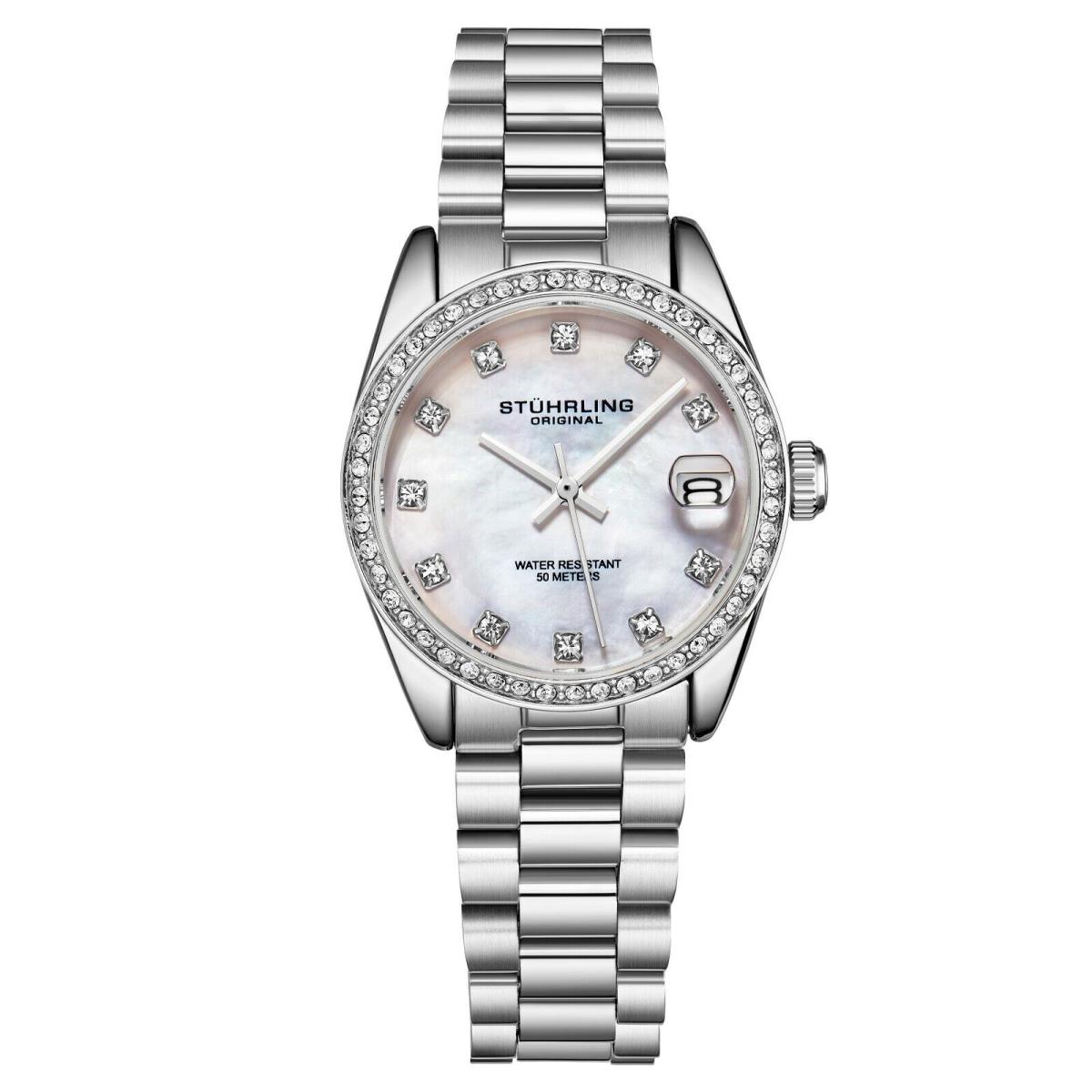 Stuhrling Women`s Quartz Crystal Studded Bezel Mop Dial Stainless Steel Bracelet