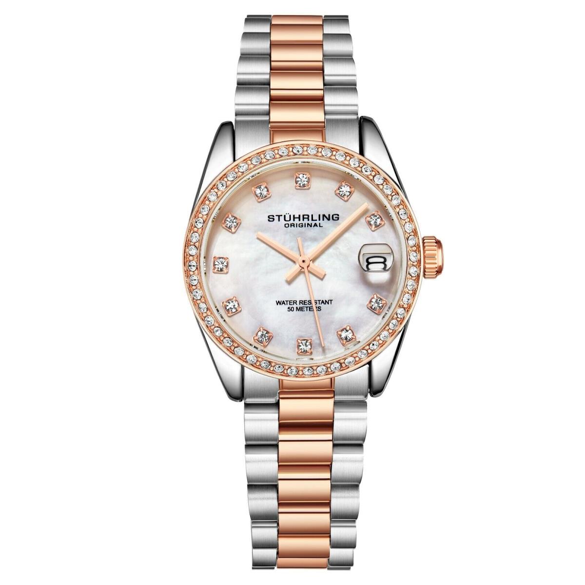 Stuhrling Women`s Quartz Crystal Studded Bezel Mop Dial Stainless Steel Bracelet