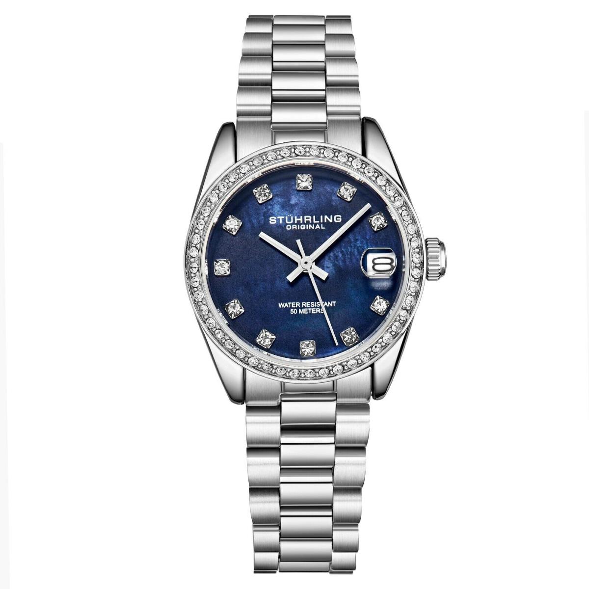 Stuhrling Women`s Quartz Crystal Studded Bezel Mop Dial Stainless Steel Bracelet