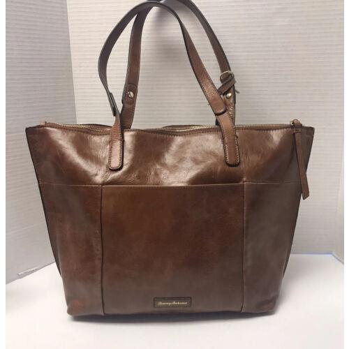 Tommy Bahama Brown Leather Top Zip Tote Bag Purse Double Handles