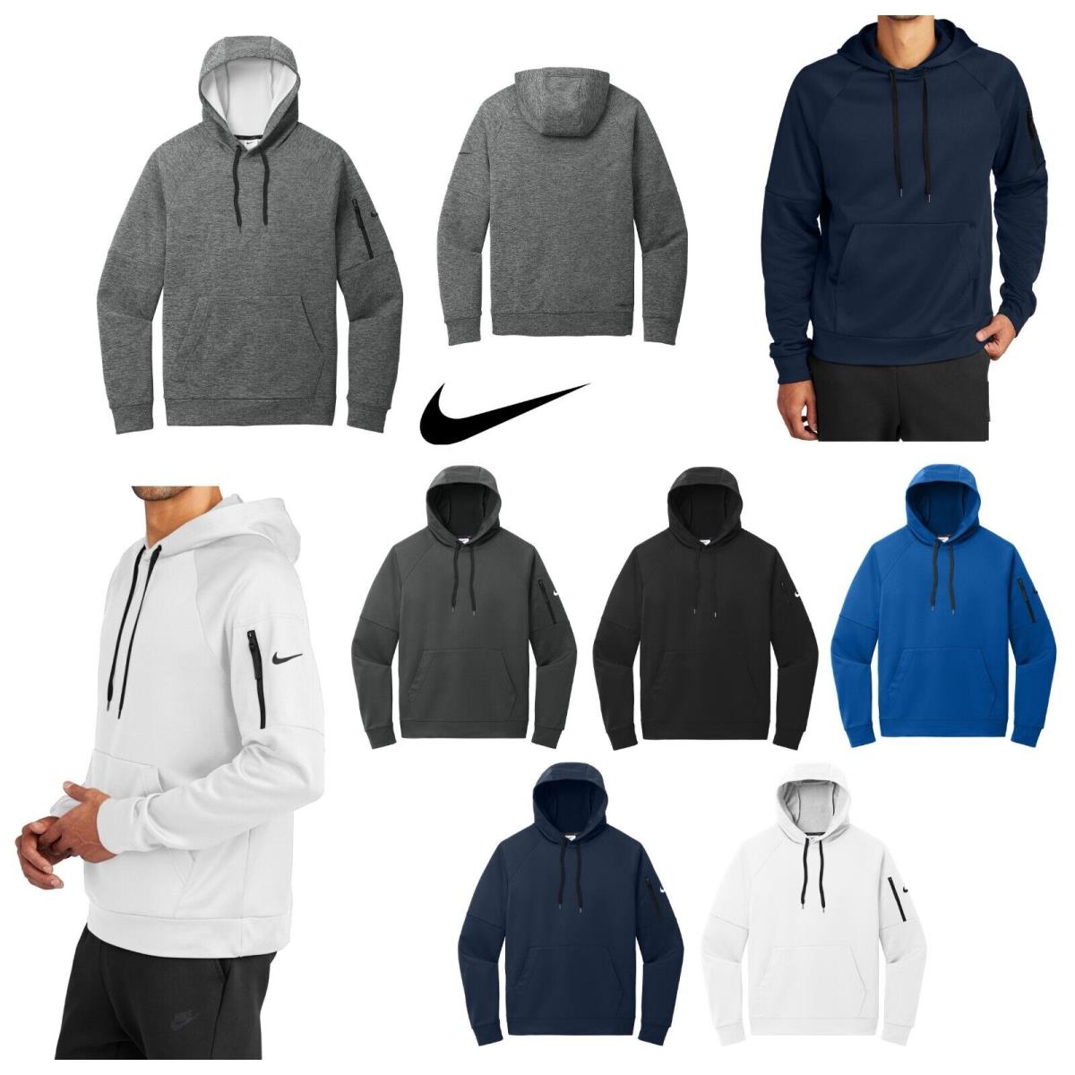 Nike Men`s Therma-fit Fleece Pullover Hoodie Drawcord Hood Arm Pocket XS-4XL - s: Gray, Black, Royal, Navy Blue, White, Grey