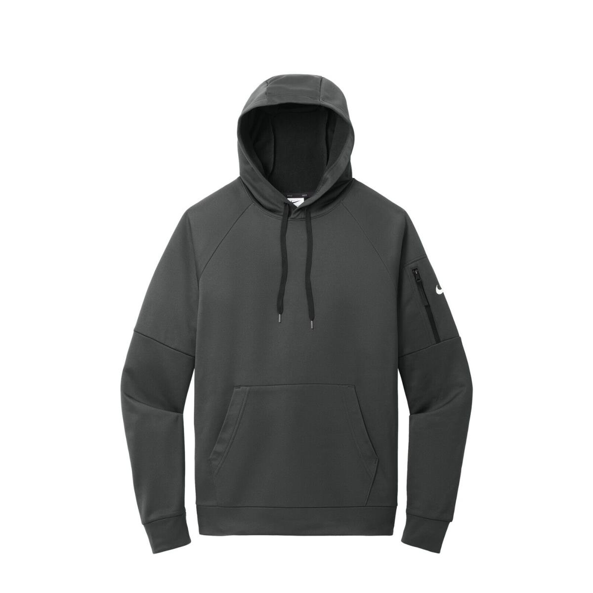 Nike Men`s Therma-fit Fleece Pullover Hoodie Drawcord Hood Arm Pocket XS-4XL Anthracite Grey