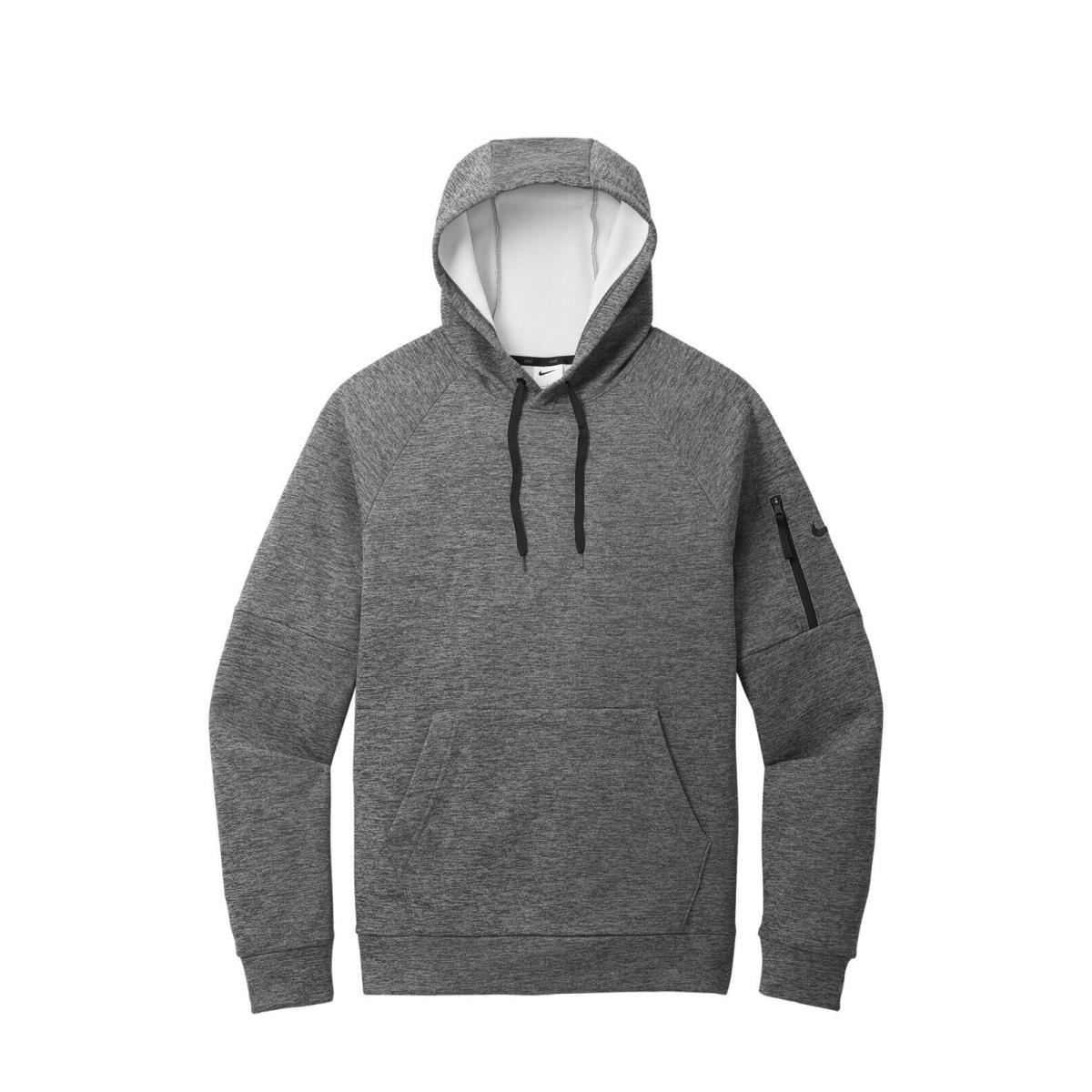 Nike Men`s Therma-fit Fleece Pullover Hoodie Drawcord Hood Arm Pocket XS-4XL Charcoal Heather Grey