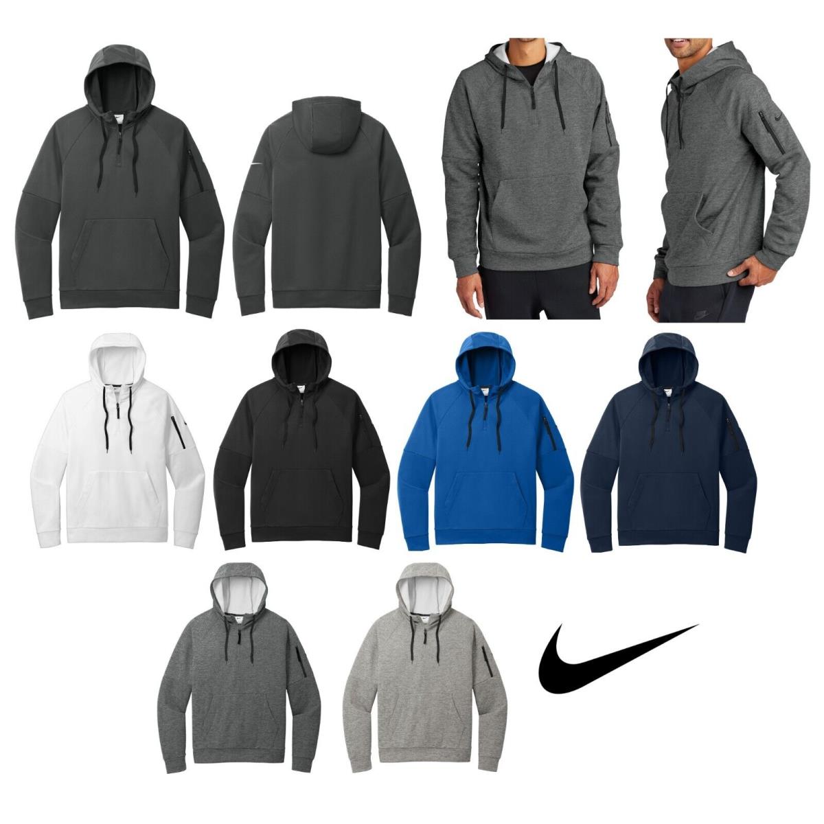 Nike Men`s Therma-fit 1/4 Zip Fleece Pullover Drawcord Hood Arm Pocket XS-4XL - s: Gray, Black, Royal, Navy Blue, White, Grey