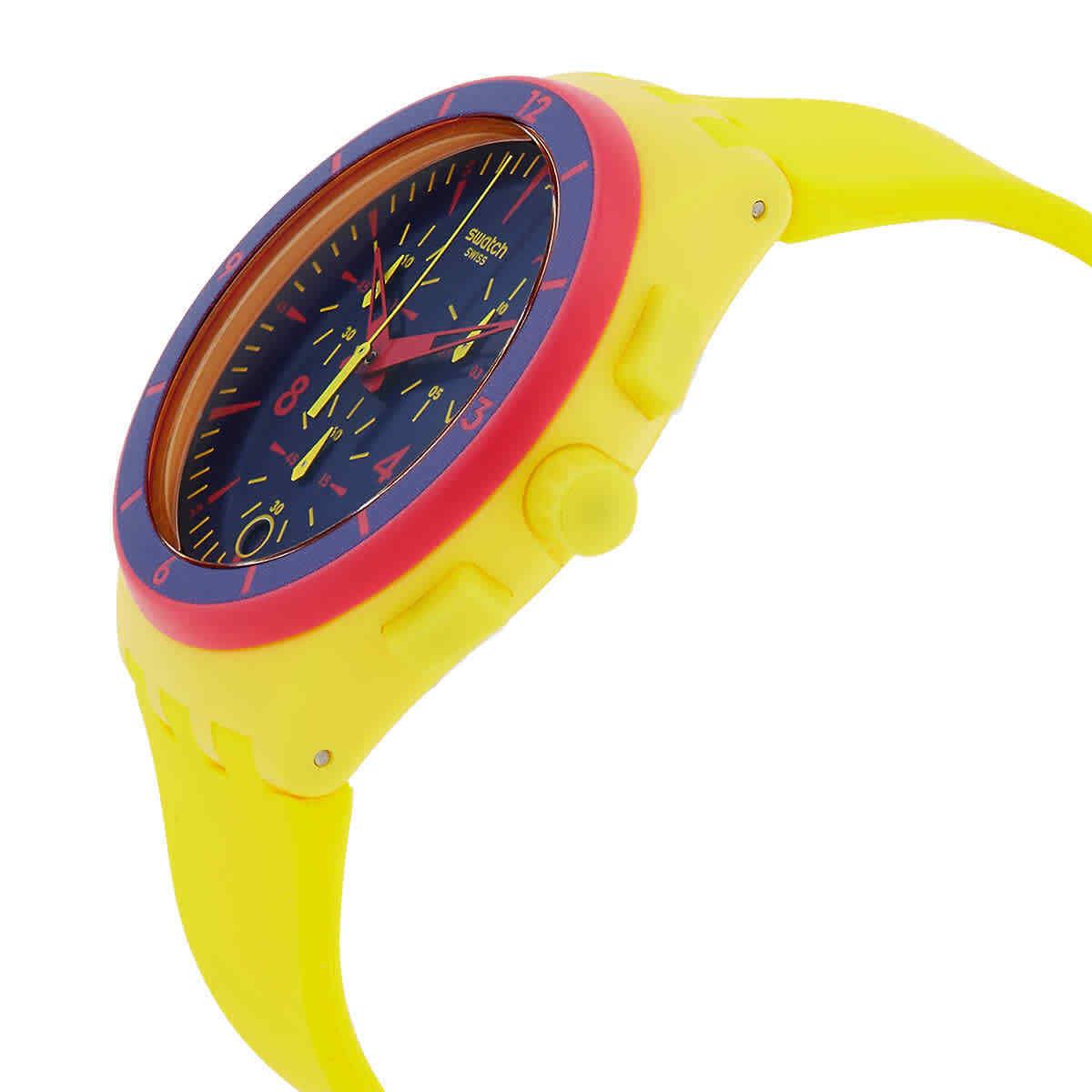Swatch Glow Loom Chronograph Quartz Blue Dial Men`s Watch SUSJ400 - Dial: Blue, Band: Yellow, Bezel: Yellow