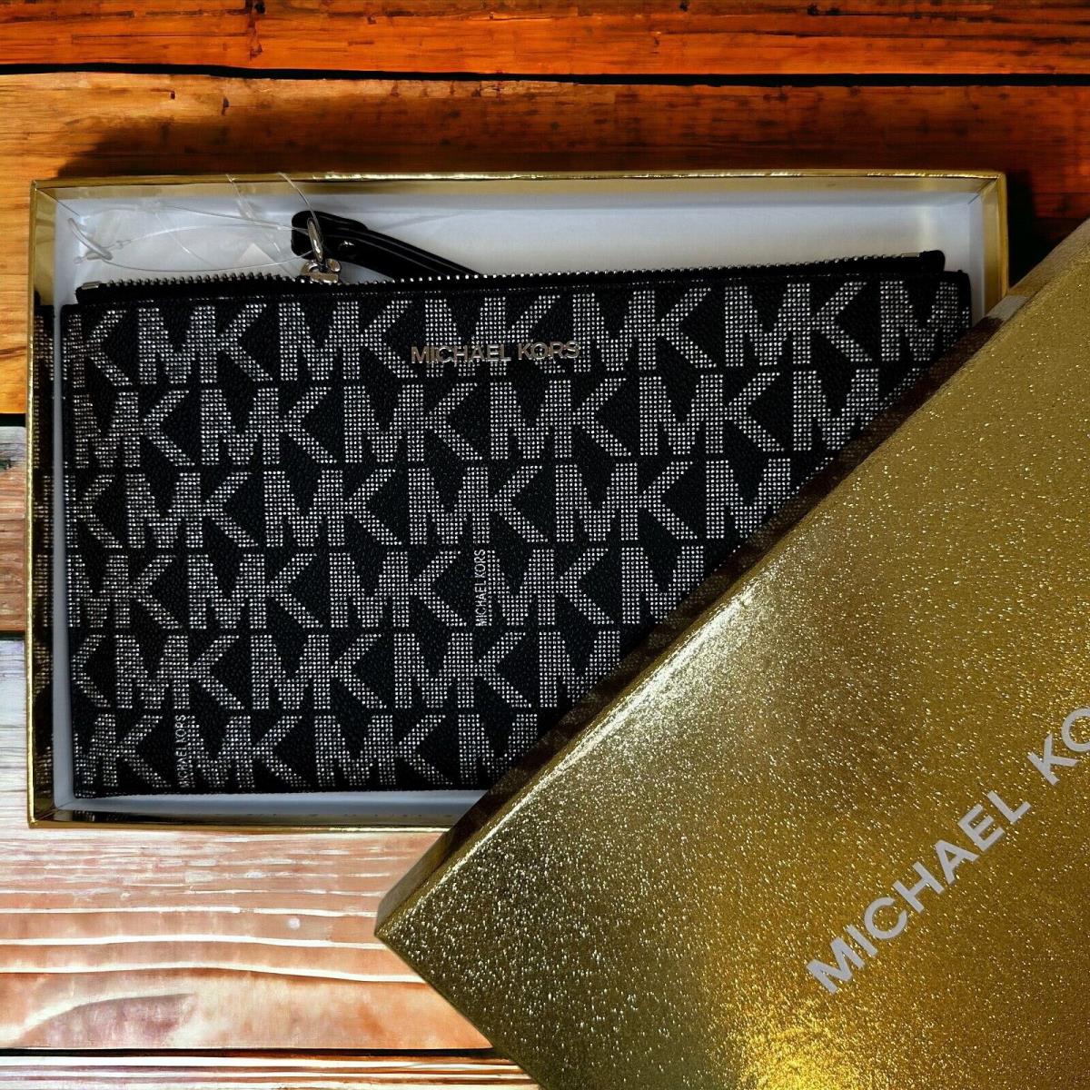 Michael Kors Jet Set Large Zip Clutch Wristlet Wallet Black Silver Gift Box