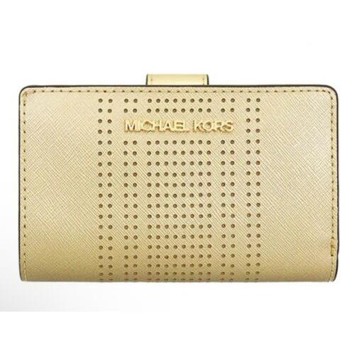 Michael Kors Women Medium Bifold Zip Coin Credit Card Holder ID Wallet Pale Gold