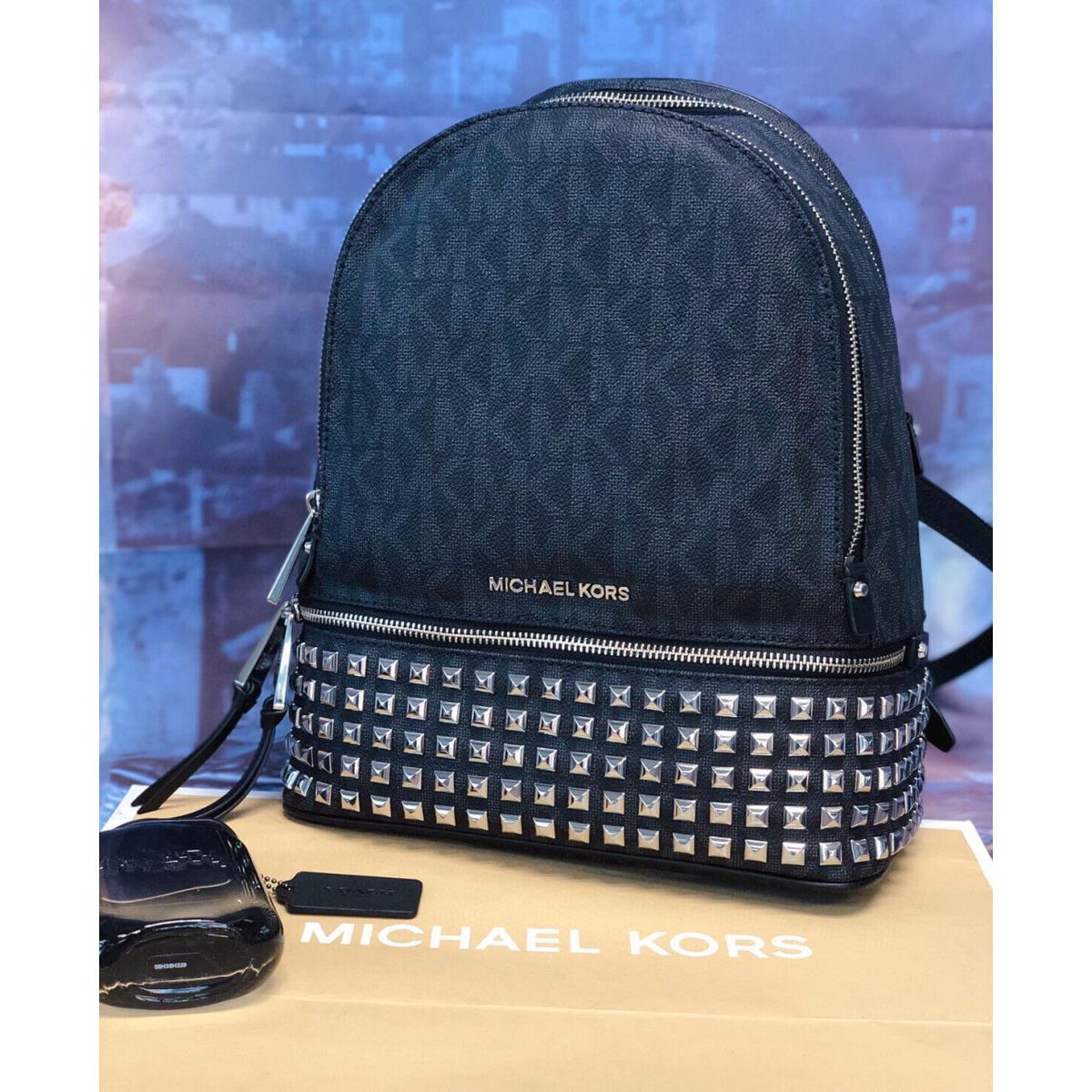 Kors Signature Monogram Rhea Medium Logo Studded Backpack Black Logo