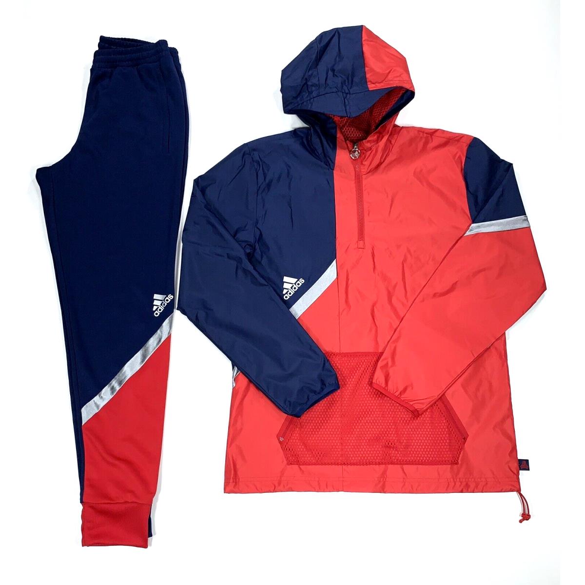 Adidas Tan Windbreaker Hooded Jacket Training Pants Set Red Blue - Men`s S