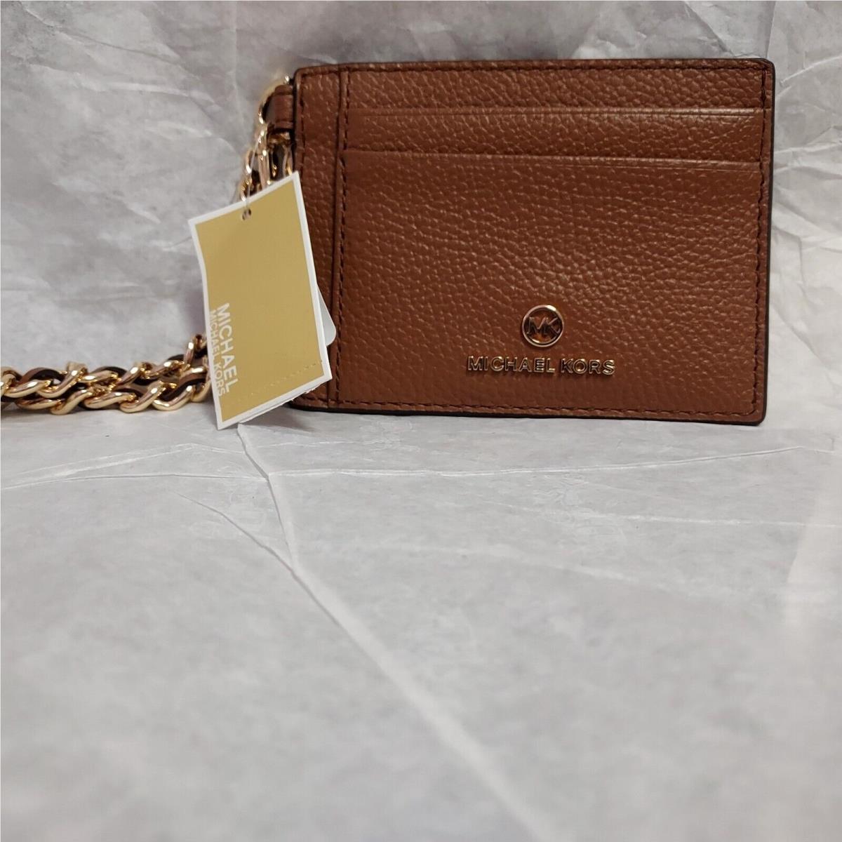 Michael Kors Leather Jet Set Charm Small ID Chain Card Holder Luggage Tan