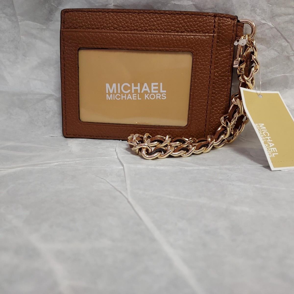 Michael Kors Leather Jet Set Charm Small ID Chain Card Holder Luggage Tan