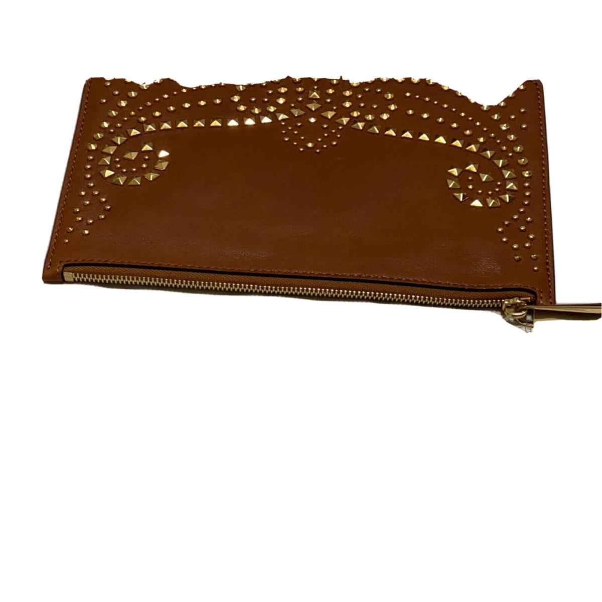 Michael Kors Rhea Luggage Brown Lamb Leather Studded Wristlet Clutch