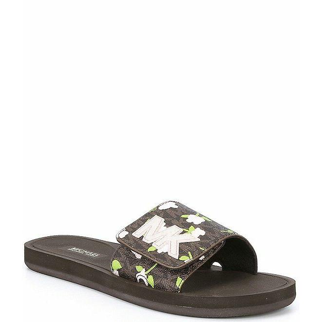 Michael Kors MK Slides Brown MK Logo Floral. Women`s Size 10