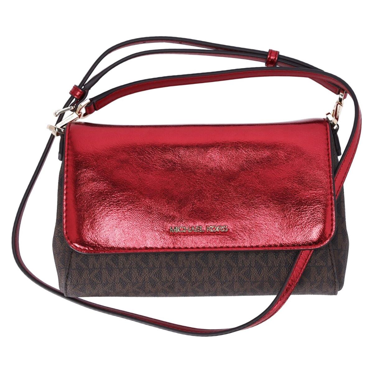 Michael Kors Jet Set Medium Convertible Pouchette Crossbody Brown Red Metallic