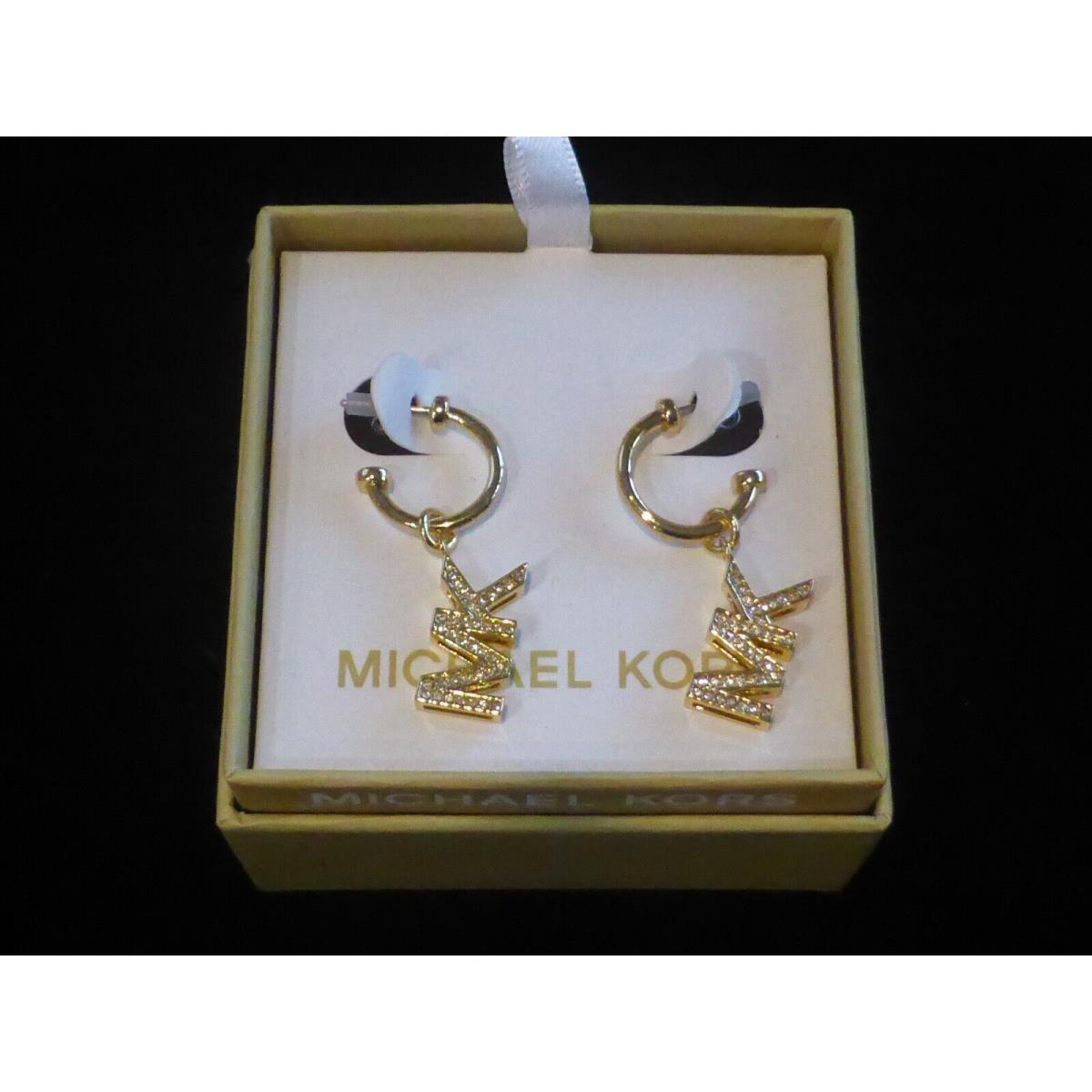 Michael Kors Signature MK Pave Dangle Hoop Logo Earrings