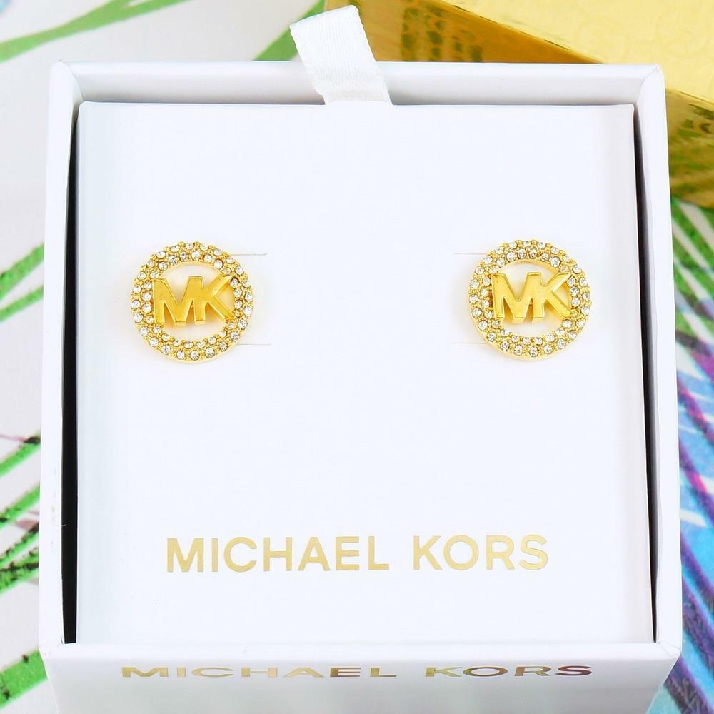 Michael Kors Pave Logo Stud Earrings Gold Tone MKJX7322