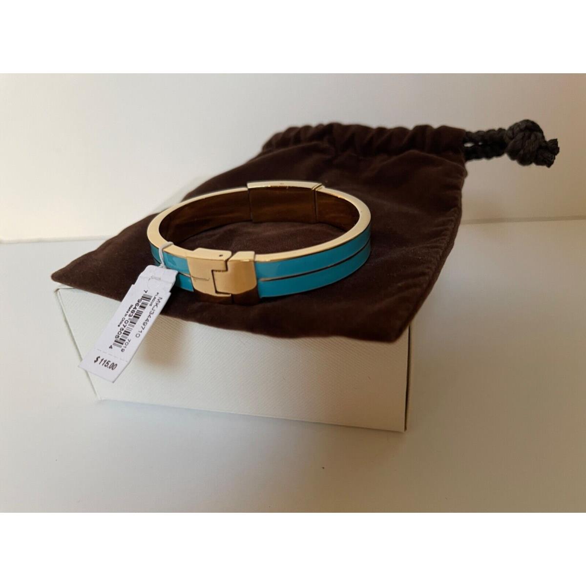 Michael Kors Logo Plaque Turquoise Gold Hinged Enamel Bangle Bracelet