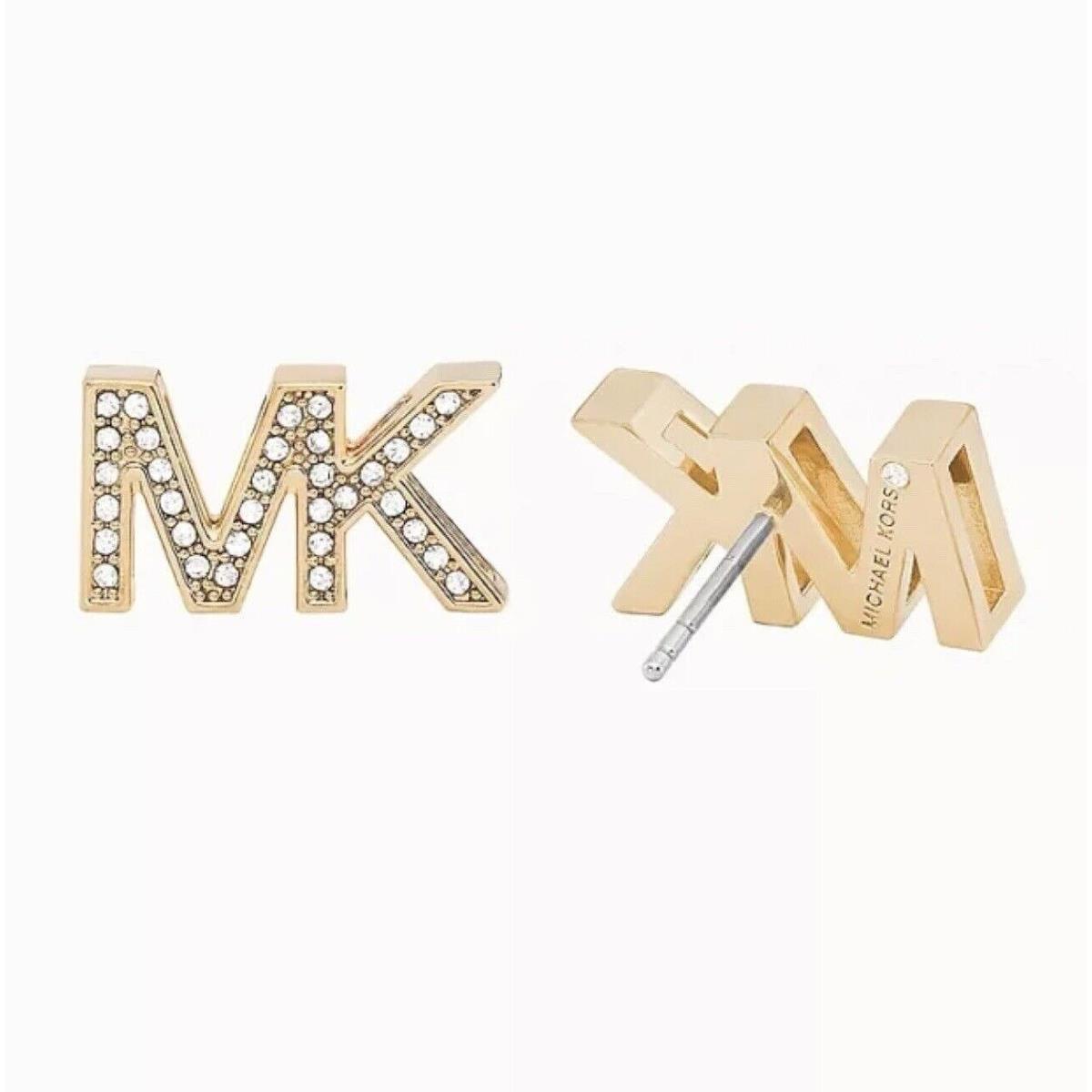 Michael Kors Gold-tone Crystal Pave` MK Logo Stud Earrings