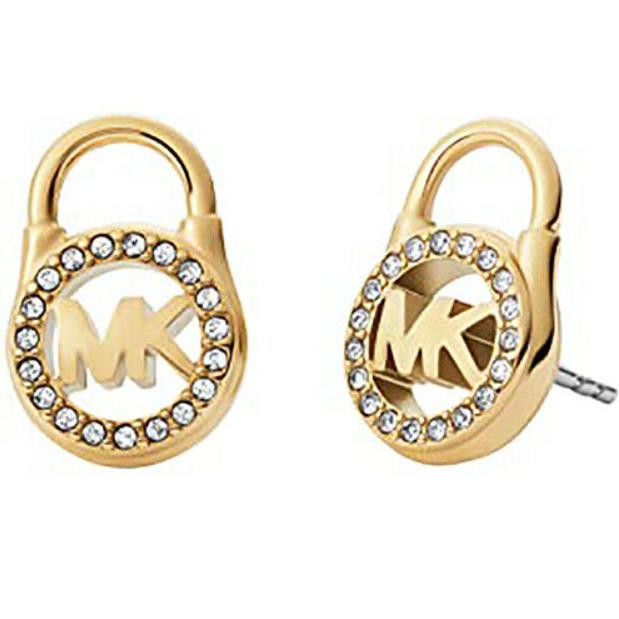 Michael Kors Yellow Gold MK Logo Padlock Stud Earrings Crystals MKJ7410710