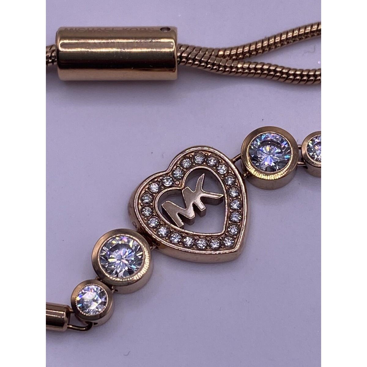 Michael Kors Heart Crystal MK Logo Rose Gold Tone Slider Bracelet