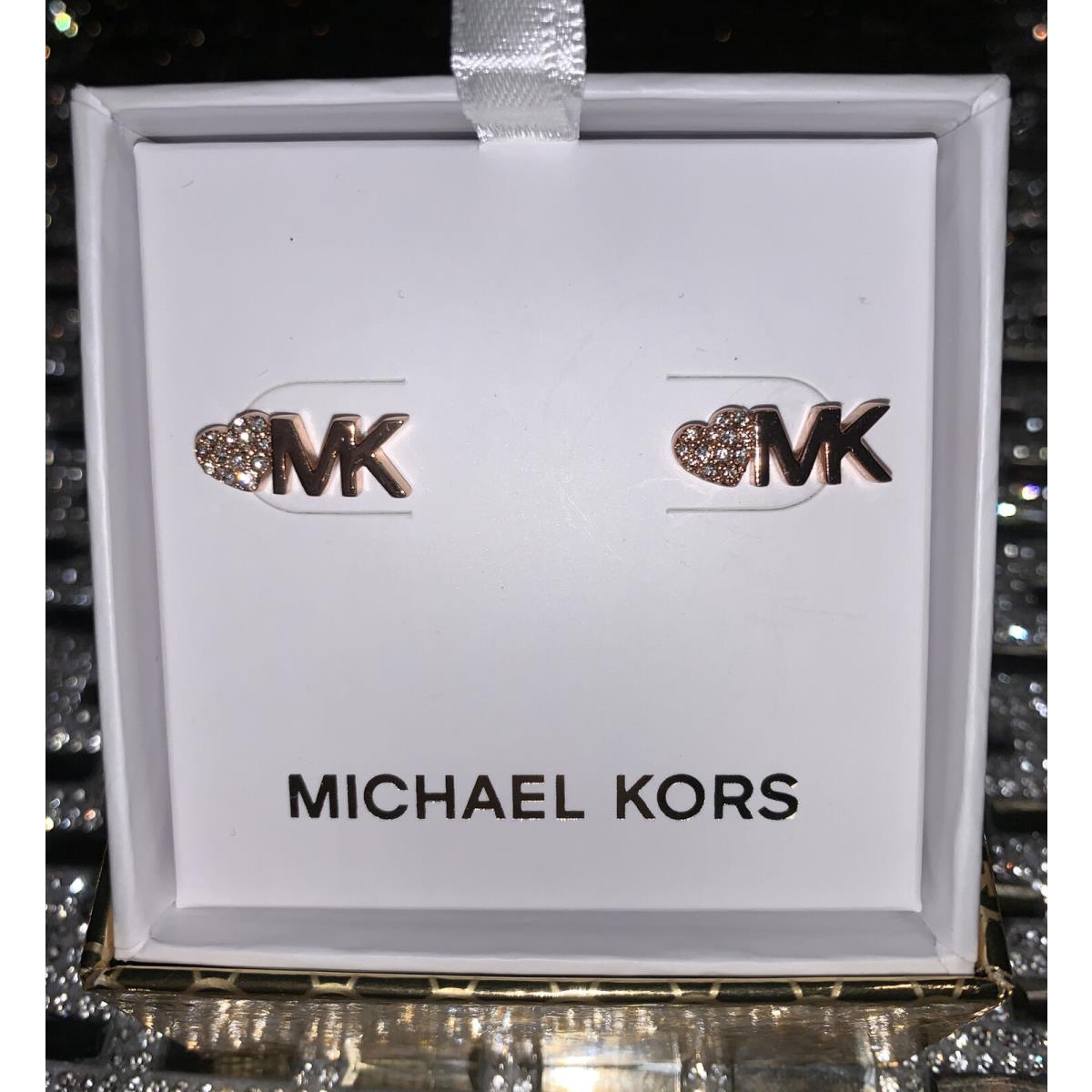 Michael Kors MKJX7976791 MK Logo Stud Earrings Rose Gold Toned Crystal