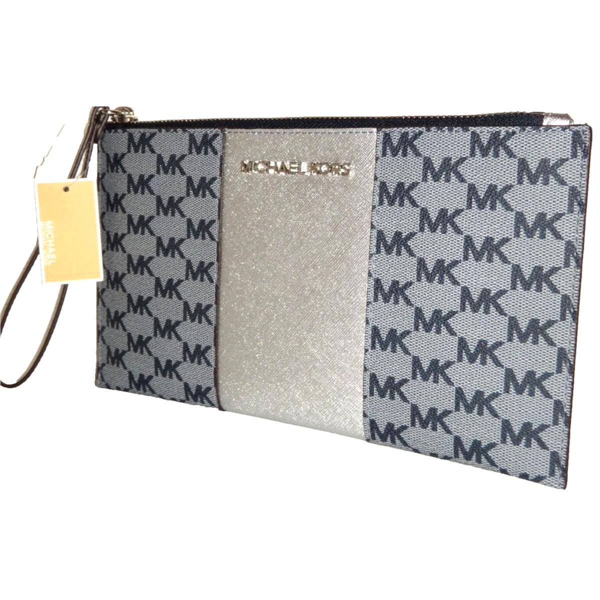 Michael Kors Womens Center Stripe MK Signature Clutch Wallet Admiral Blue Silver