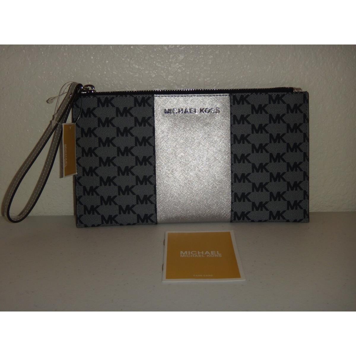 Michael Kors Womens Center Stripe MK Signature Clutch Wallet Admiral Blue Silver