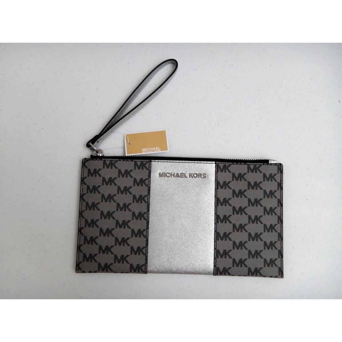 Michael Kors Center Stripe MK Signature Zip Clutch Wrist-let Wallet Gray Silver