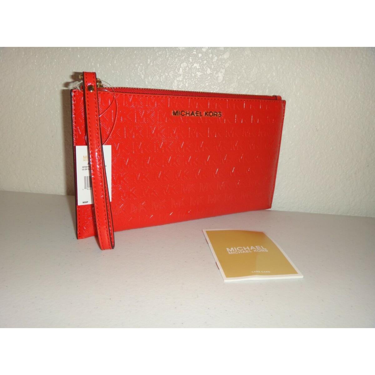 Michael Kors Jet Set MK Signature LG Clutch Wrist-let Wallet DK Sangria Patent