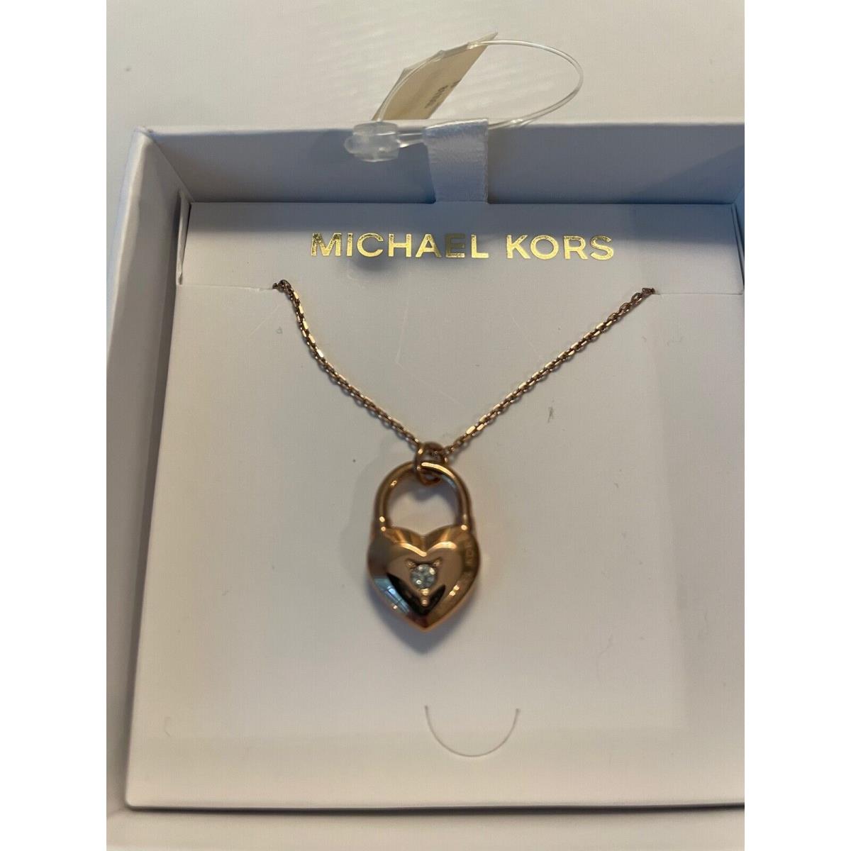 Michael Kors MKJX7445791 Rose Tone Gold Necklace Crystal Chip Heart Padlock