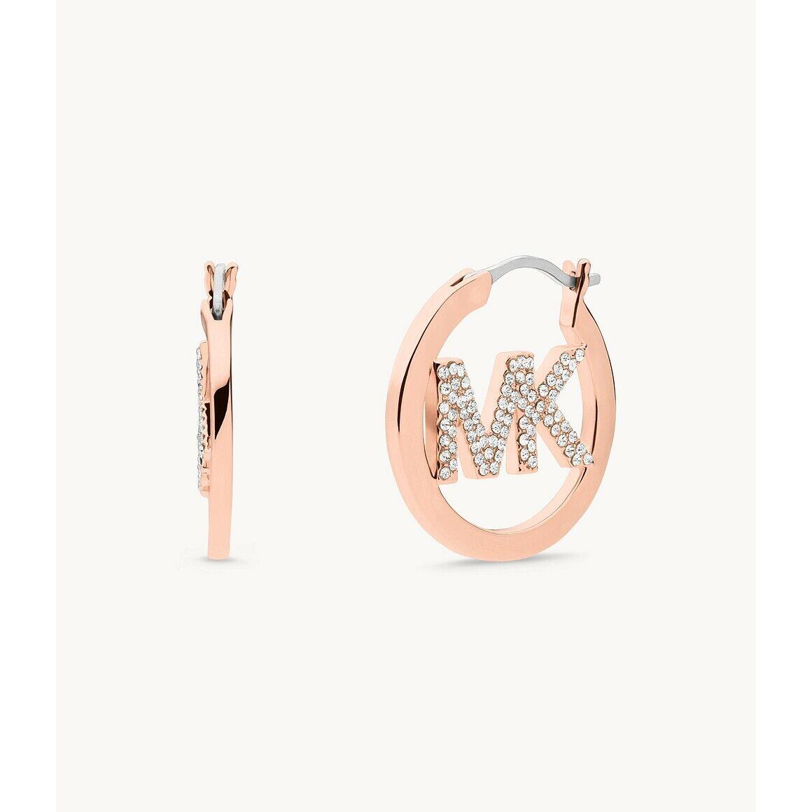 Michael Kors Rose Gold Plated Brass Hoop Earrings Crystals MK Logo MKJ7637791