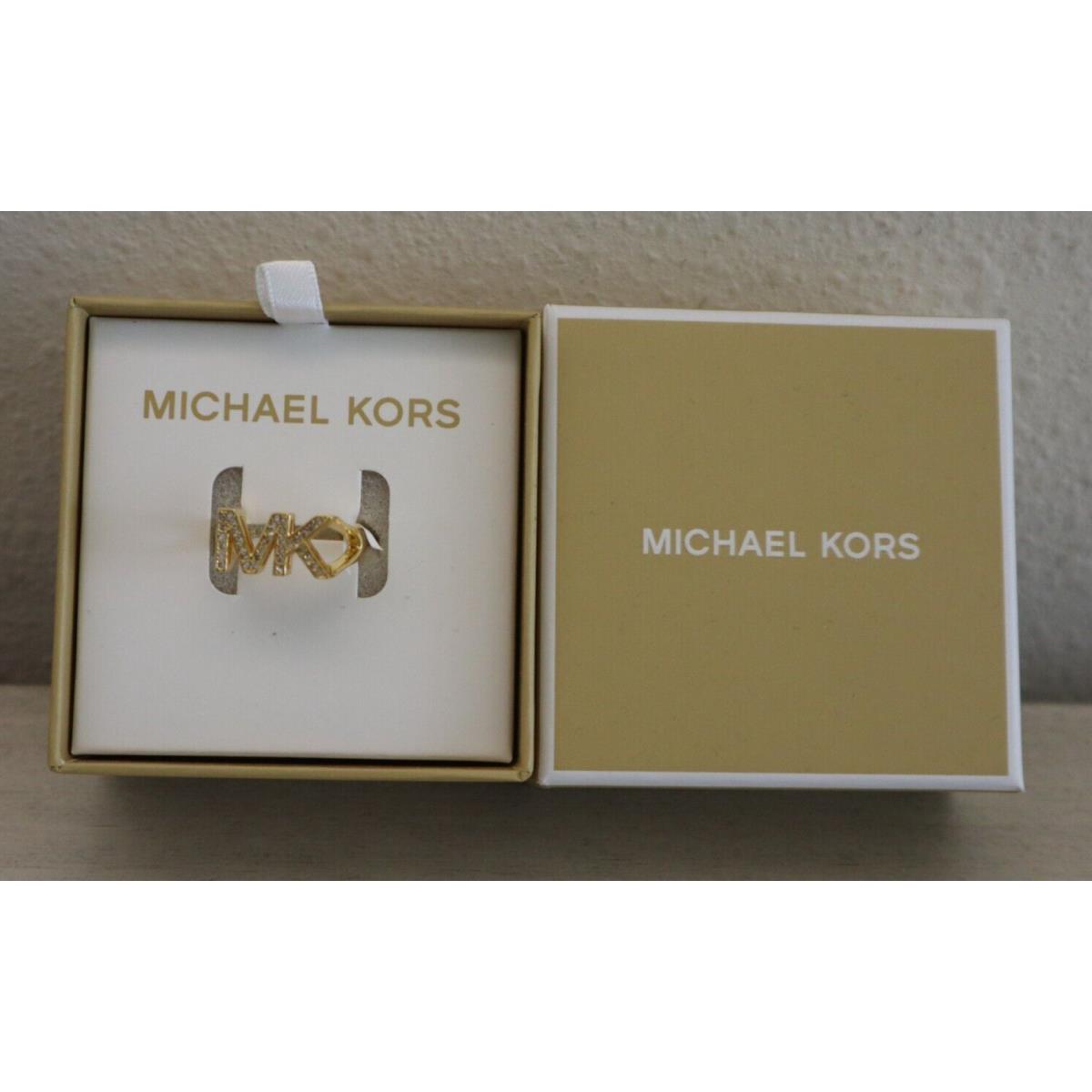 Michael Kors MKJX80277107 Women Sz 7 Gold Crystal Pav MK Logo Fashion Ring