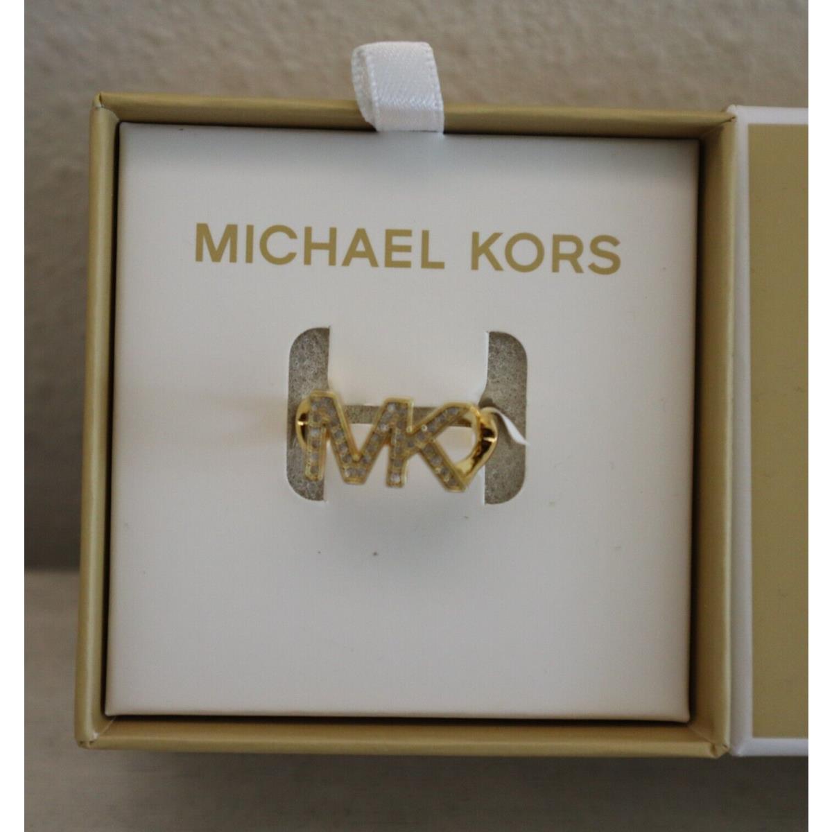 Michael Kors MKJX80277108 Women Sz 8 Gold Crystal Pav MK Logo Fashion Ring