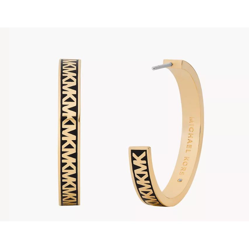 Michael Kors Large Logo Hoop Earrings Gold Brass Black Enamel