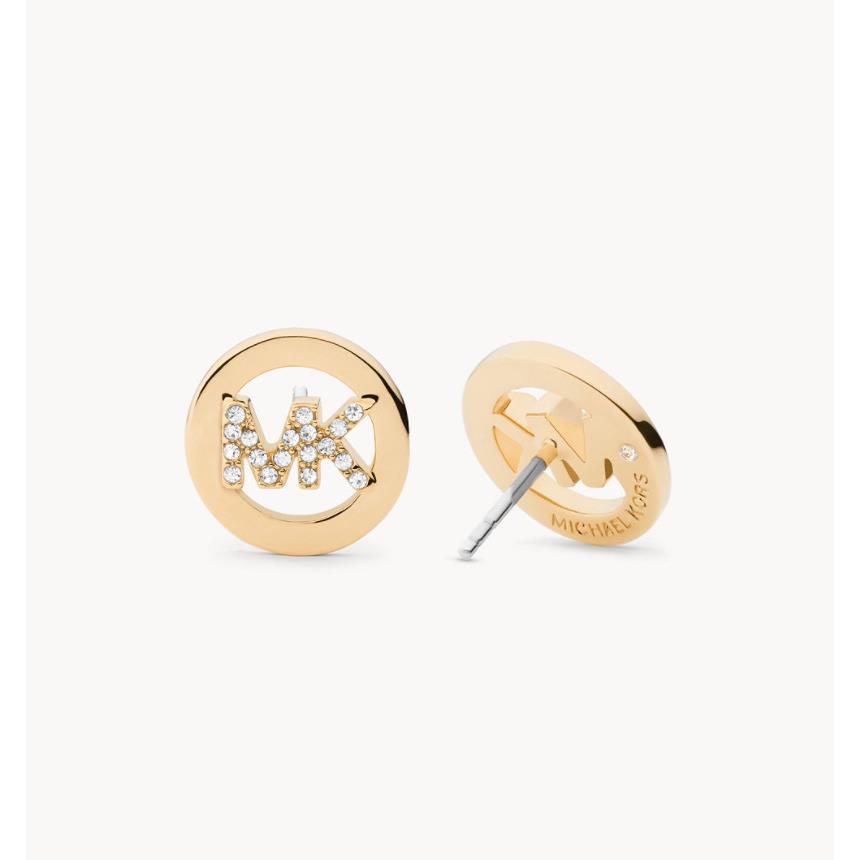 Michael Kors MK Logo Yellow Gold Plated Brass Stud Earrings Crystals MKJ7629710