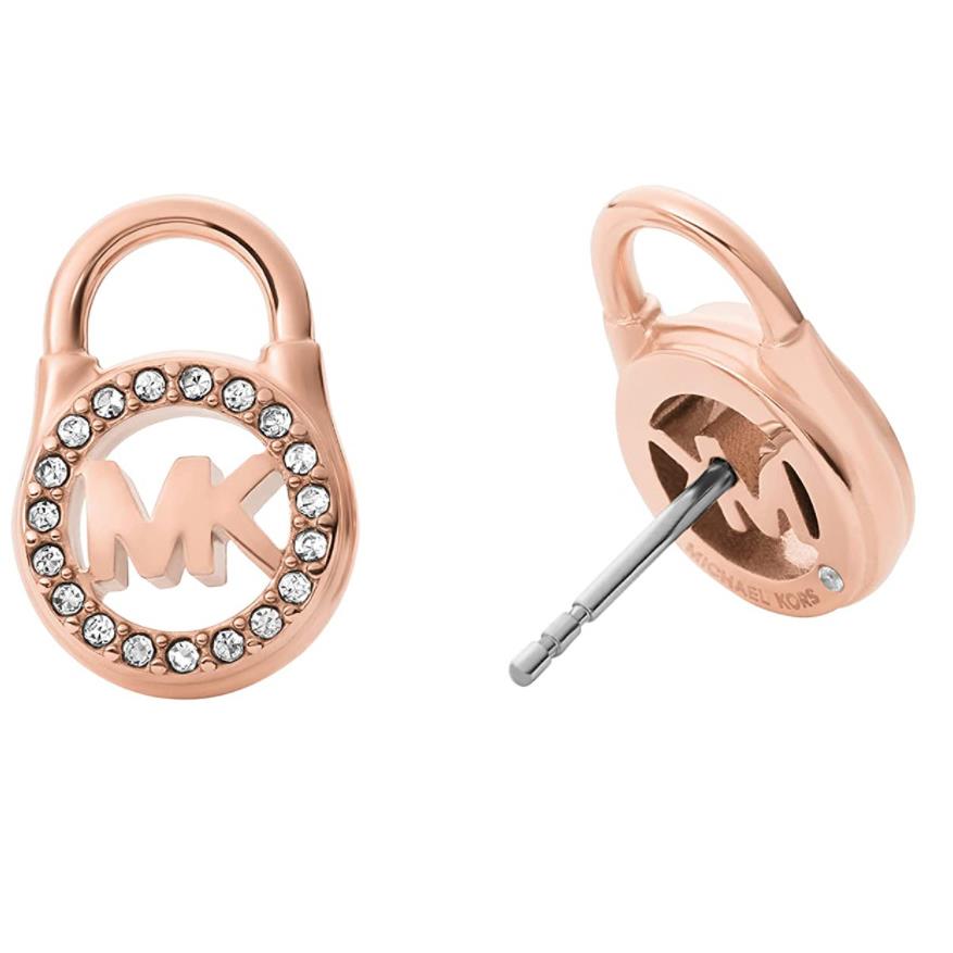 Michael Kors Yellow Gold MK Logo Padlock Stud Earrings Crystals MKJ7410710 + Box