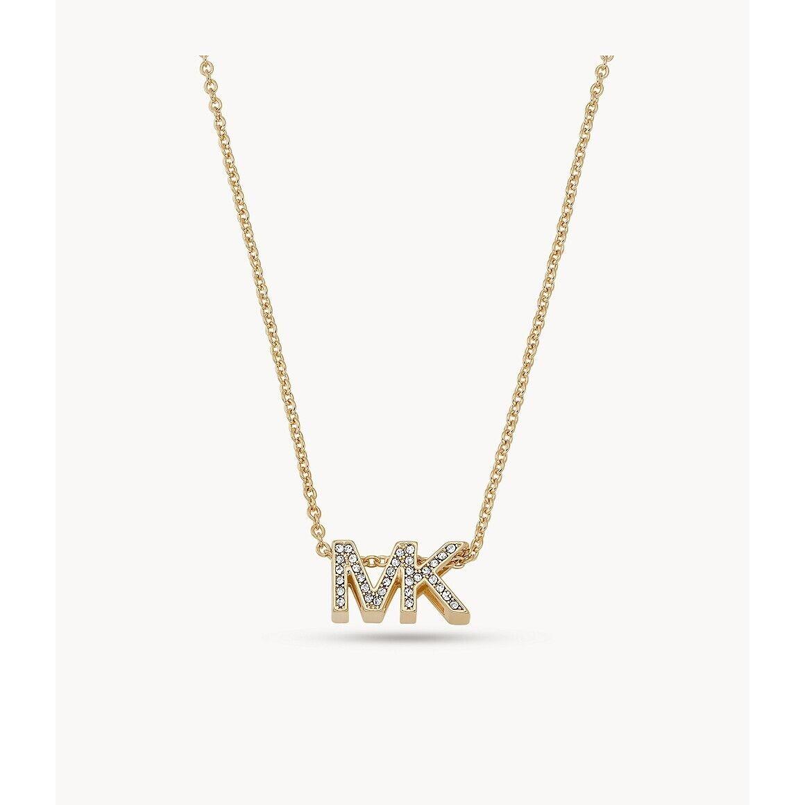 Michael Kors MK Logo Necklace Yellow Gold Brass Crystals Pave MKJ8024710 +mk Box