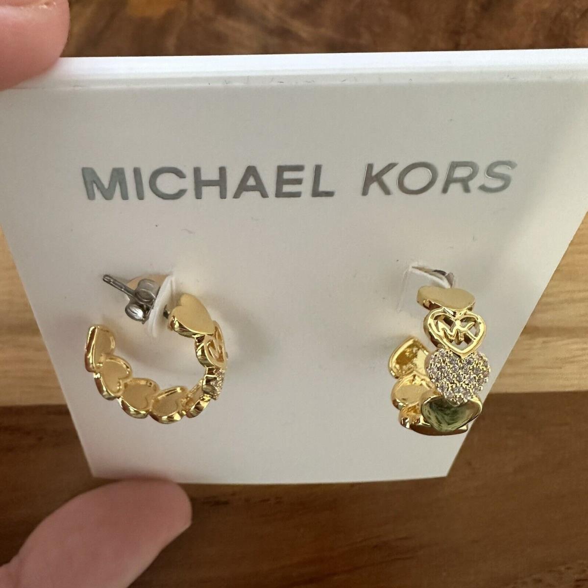 Michael Kors Gold Plated Over Brass Stacked Heart Hoop Earrings Logo Crystal
